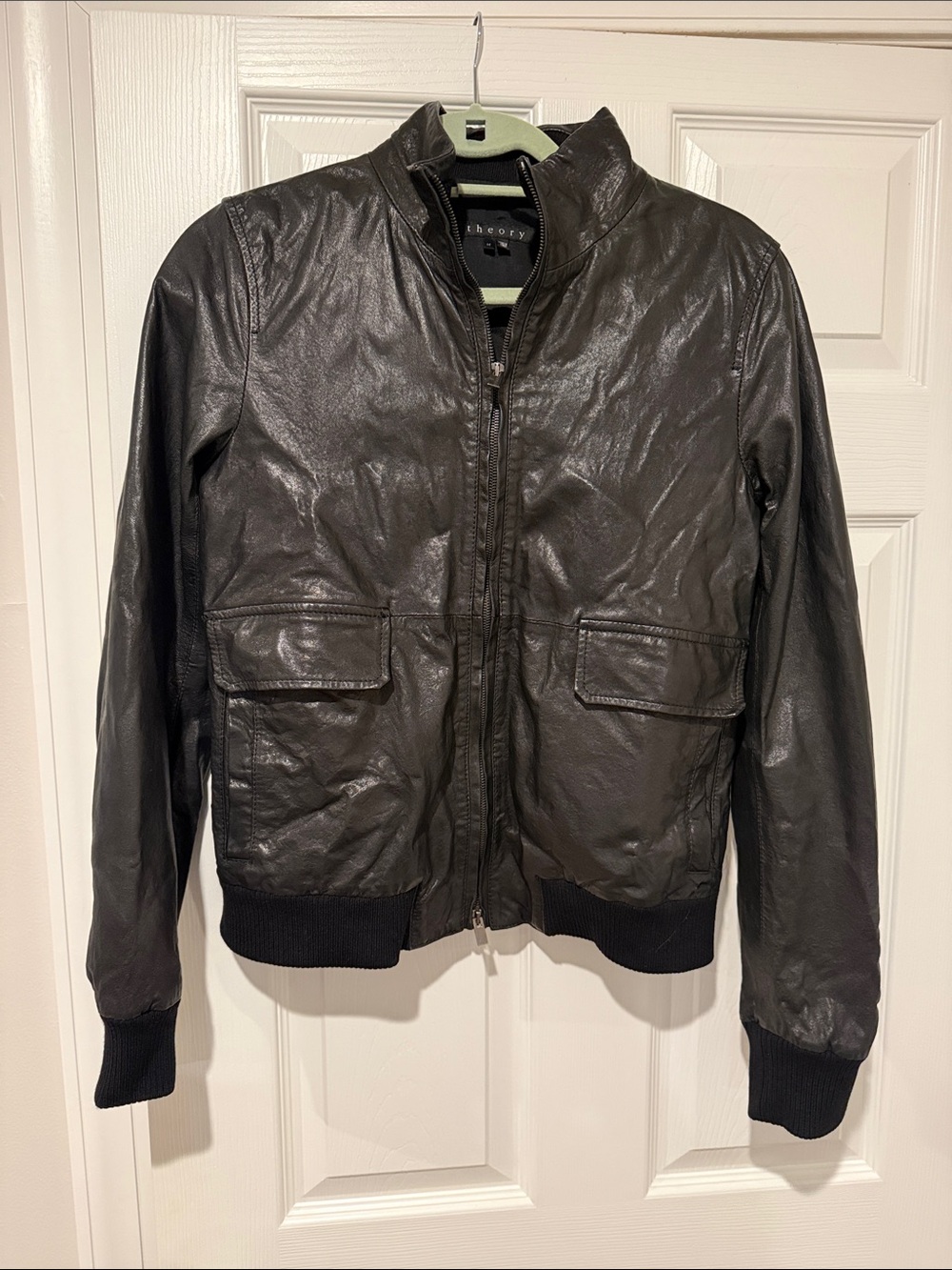 Theory Black Leather Belmare L Meet Bomber Jacket